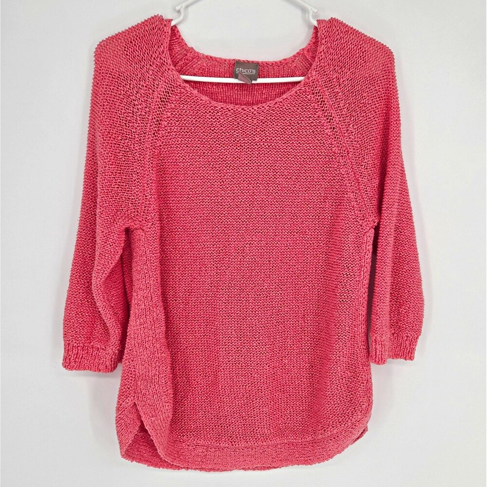 Chico's Coral Open-Knit Scoop Neck Raglan 3/4 Sleeve Relaxed Pullover size 2 Lg